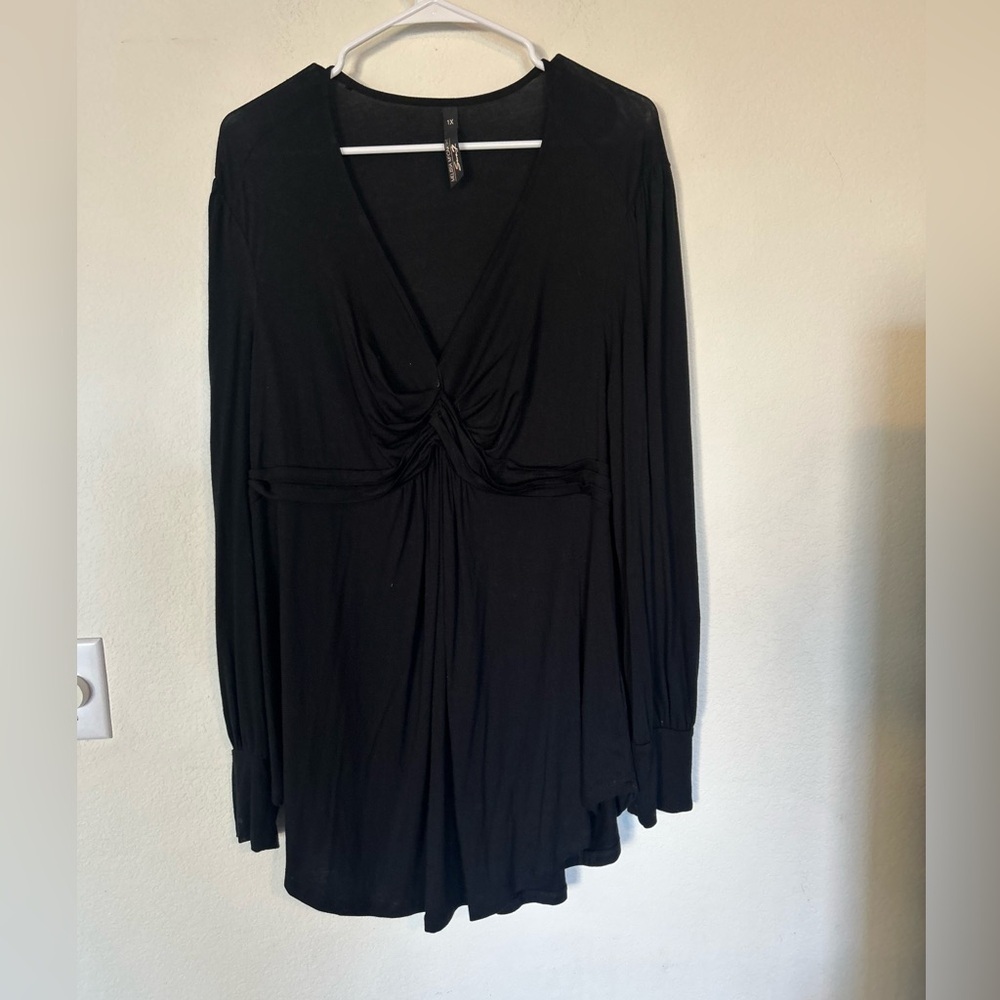 Melissa McCarthy Seven7 Black Long Sleeve Plunge V Babydoll Tunic Top 1X